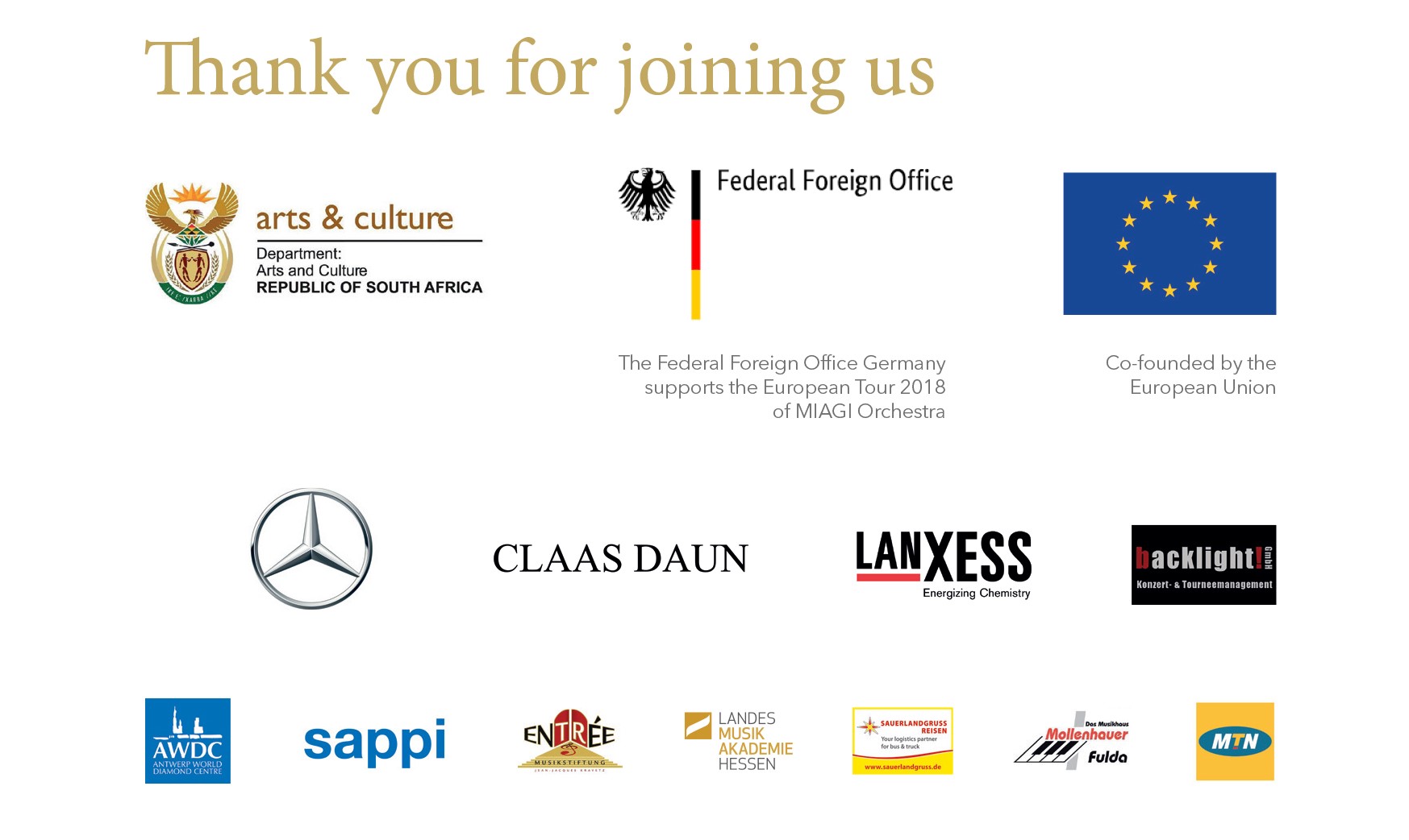 MIAGI Nelson Mandela Centenary Celebration tour funders and sponsors